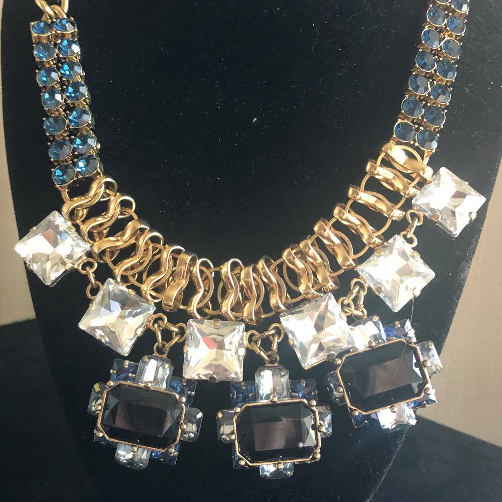 Gold Statement Necklace W/ Blue And  white Stones